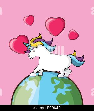Herzen und niedlichen Einhorn auf der Erde Planet über rosa Hintergrund, farbenfrohen Design. Vector Illustration Stock Vektor