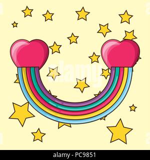 Regenbogen und Sterne über gelben Hintergrund, farbenfrohen Design. Vector Illustration Stock Vektor