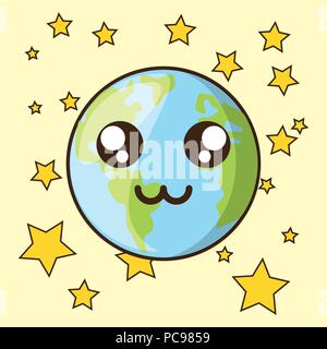 Kawaii Planeten und Sterne über gelben Hintergrund, farbenfrohen Design. Vector Illustration Stock Vektor