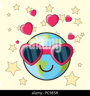 Kawaii Planet mit Herz Brille auf gelben Hintergrund, farbenfrohen Design. Vector Illustration Stock Vektor