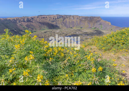 Tolle Aussicht auf den Vulkan Rano Kau, vielleicht ist das die beeindruckende Landschaft im Inneren der Osterinsel. Stockfoto