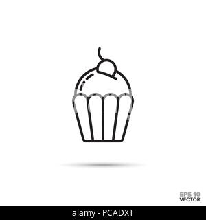 Cupcake mit Kirsche auf Vektor Symbol Leitung. Süße Speisen Symbol. Stock Vektor