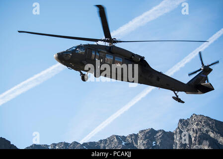 Eine Alaska Air National Guard UH-60 Black Hawk Transporte US-Marines mit Delta Unternehmen, Strafverfolgung Bataillon von Marine Corps Mitte, Billings, Montana, Unfallversicherung evakuierungsübung an Joint Base Elmendorf-Richardson, Alaska, 19. Juli 2018. Ausbildung inklusive Land Navigation, Anrufe für Feuer, squad Hinterhalte, Aufklärung Patrouillen, einem Unfall Hilfe und Evakuierung. (U.S. Air Force Foto von Airman 1st Class Caitlin Russell) Stockfoto