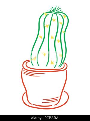 Lineare Zeichnung des Kaktus. Kaktus in einem Topf. Zimmerpflanze. Gartenarbeit.Isoliert, Vektor Stock Vektor