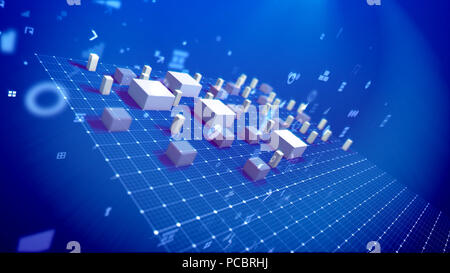 Eine spannende 3D-Abbildung: ein Balkendiagramm mit steigenden Rechtecksäulen Sinne Gewinn in der blauen Hintergrund stellen schief mit hochfliegenden Flecken, Löcher Stockfoto