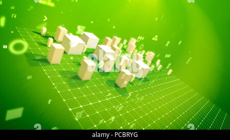 Eine optimistische 3d-Abbildung: ein Balkendiagramm mit steigenden kubische Spalten bezeichnet das Ergebnis in den grünen Hintergrund Diagonal entfernt mit wirbelnden Spots, k Stockfoto