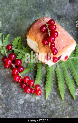 Hausgemachte leckere Hefe Brötchen mit rote Johannisbeeren auf einem Farn Blatt Stockfoto