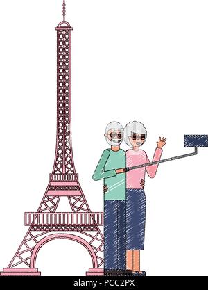 Großeltern Paar machen selfie Eiffelturm Szene Vector Illustration Stock Vektor