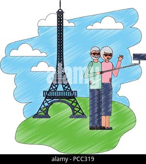 Großeltern, selfie Eiffelturm Landschaft Vector Illustration Stock Vektor