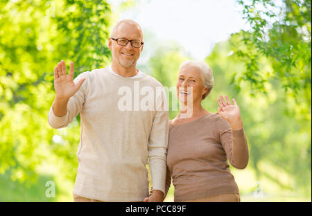 Senior Paar winkende Hände über natürliche Hintergrund Stockfoto