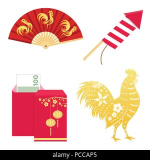 Einstellen der Chinesischen neue Jahr Design Elemente. Vector Illustration. Set gehören Gold Hahn, roten Umschlag, Chinesische Laterne mit Cherry und Feuerwerk rot Roc Stock Vektor