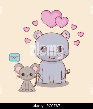 Kawaii Maus und Nilpferd auf weißem Hintergrund, farbenfrohen Design. Vector Illustration Stock Vektor