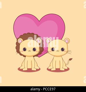 Kawaii Löwe, Löwin mit Herz Symbol auf gelbem Hintergrund, farbenfrohen Design. Vector Illustration Stock Vektor