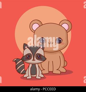 Kawaii tragen und raccon über den roten Hintergrund, farbenfrohen Design. Vector Illustration Stock Vektor