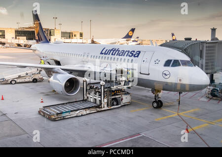 Frankfurt, Deutschland - Juli 3th, 2018: Flugzeuge Lkw Koffer Lader an der Laderampe eines Lufthansa Airbus A320 am Flughafen Frankfurt Main. Stockfoto