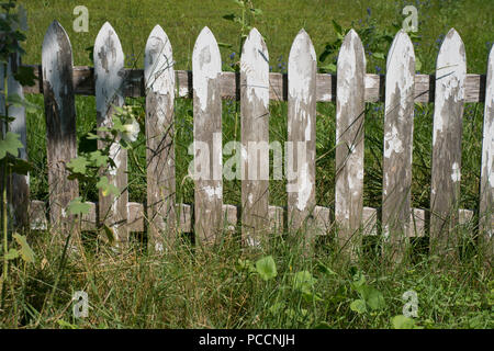 Grunge alte verwitterte weißen Lattenzaun mit Gras Hintergrundbild Stockfoto
