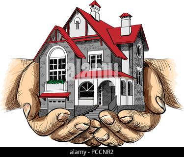 Haus in Menschenhand auf weißem Hintergrund Stock Vektor