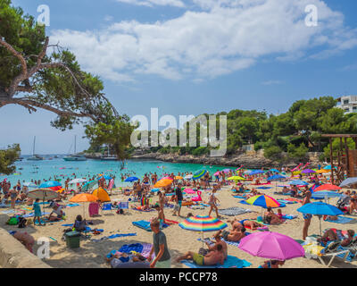 Mit Blick auf das Mittelmeer, den Strand Cala Gran, Cala d'Or, Mallorca, Spanien Stockfoto