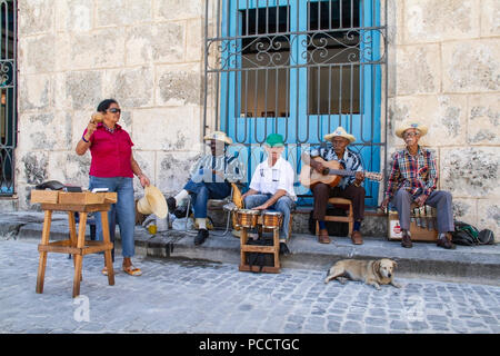Gruppe von Musikern spielen auf einer gepflasterten Straße in Havanna, Kuba Stockfoto