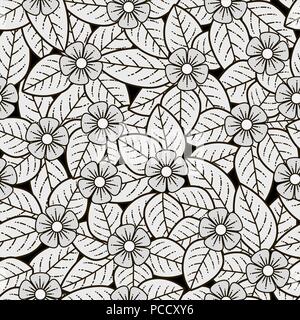 Nahtlose Blume doodle Muster. Blumen und Blätter auf einem dunklen Hintergrund. Kann auf Textilien verwendet werden. Stock Vektor
