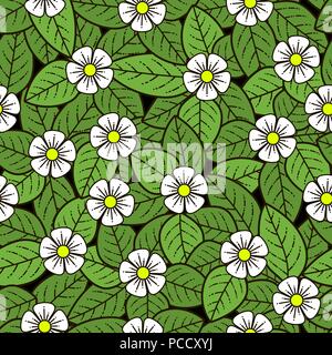 Nahtlose Blume doodle Muster. Weiße Blüten und Blätter auf einem dunklen Hintergrund. Kann auf Textilien verwendet werden. Stock Vektor