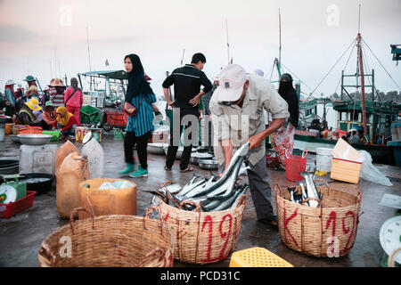 Am Morgen Fischmarkt am Ufer des Flusses Chhu Preaek Tuek Kampot Stadt, Kambodscha, Indochina, Südostasien, Asien Stockfoto