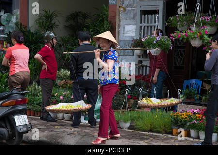 Eine vietnamesische Frau Verkauf von Obst aus Körben auf Hoang Hoa Tham Street, Hanoi, Vietnam, Indochina, Südostasien, Asien Stockfoto