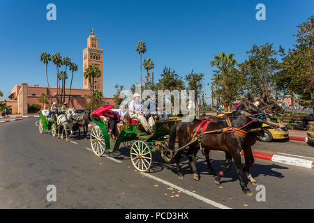 Pferde und Kutschen und Minarett der Koutoubia-Moschee aus dem 12. Jahrhundert in der Morgendämmerung, UNESCO-Weltkulturerbe, Marrakesch, Marokko, Nordafrika, Afrika Stockfoto