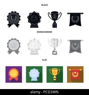 Eine olympische Medaille für den ersten Platz, eine Kristallkugel, eine goldene Schale auf einem Ständer, einem roten Anhänger. Auszeichnungen und Trophäen set Sammlung Icons in Schwarz, flach, mo Stock Vektor