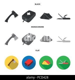 Ax, Erste Hilfe Kit, touristische Hütte, Taschenmesser. Camping set Sammlung Icons in Schwarz, flach, Schwarzweiß-Stil vektor Symbol lieferbar Abbildung. Stock Vektor