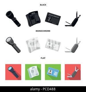 Taschenlampe, Zeitung mit Nachrichten, Zertifikat, Taschenmesser. Detektiv set Sammlung Icons in Schwarz, flach, Schwarzweiß-Stil vektor Symbol lieferbar illust Stock Vektor