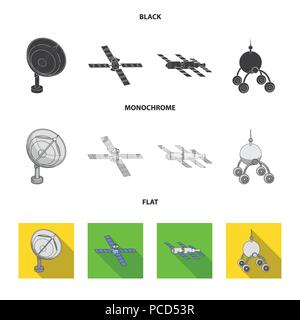 Radio Radar, Docking im Raum Raumfahrzeuge, lunokhod. Space Technology set Sammlung Icons in Schwarz, flach, Schwarzweiß-Stil vektor Symbol lieferbar illustr Stock Vektor