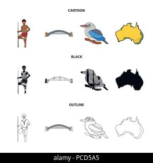 Aborigine mit einem Speer, Sydney Harbour Bridge, kookabarra auf einem Zweig, das Territorium des Landes. Australien Sammlung Icons im Cartoon, schwarz, Stock Vektor