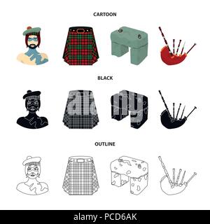 Highlander, schottische Viking, tartan, Kilt, Scottish Rock, scone Stein, nationalen Musikinstrument der Dudelsack. Schottland Sammlung Icons in den Warenkorb Stock Vektor