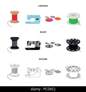 Thread reel, Nähmaschine, Bobbin, pugwitz und andere Geräte. Nähen und Geräte Sammlung Icons im Cartoon, schwarz, Outline style Vektor symb Stock Vektor