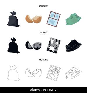 Einen Müllsack, eine zerbrochene Eierschale, einer zerrissenen schmutziges T-Shirt, ein kaputtes Fenster Rahmen mit Glas. Müll und Abfall set Sammlung Icons im Cartoon, schwarz, outl Stock Vektor