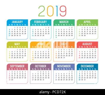 Buntes Jahr 2019 Kalender auf einem weissem Hintergrund Stock Vektor