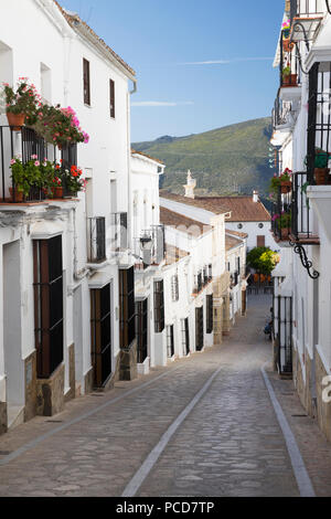 Gasse in andalusischen weißen Dörfer, Zahara de la Sierra, Sierra de Grazalema, Andalusien, Spanien, Europa Stockfoto