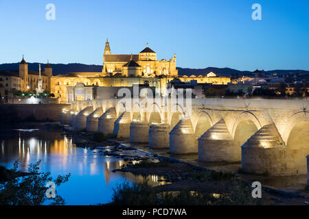 Der Mezquita und Römische Brücke über den Fluss Guadalquivir mit Flutlicht in der Nacht, Cordoba, Andalusien, Spanien, Europa Stockfoto