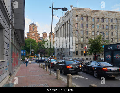 Belgrad, Serbien - Mai 04, 2018: Blick auf die Kirche von Saint Mark und dem Hauptsitz der serbischen Post von Kosovska Straße. Stockfoto