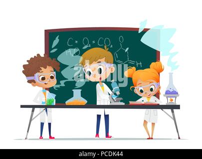 Lustiges kleines Mädchen und zwei Jungen, die Experimente im Labor. Explosion im Labor. Wissenschaft und Bildung für die Kinder. Chemie Labor mit Schülern. Vector Illustration Stock Vektor