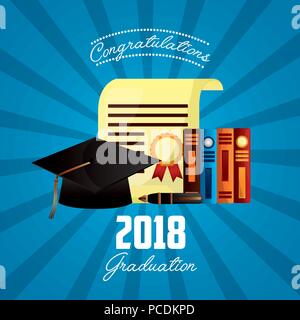 Herzlichen Glückwunsch Graduierung Bücher Zertifikat hat Zeichen Farben Vector Illustration Stock Vektor