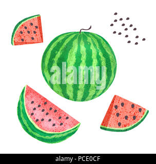 Eine ganze Wassermelone und Scheiben Wassermelone mit Samen auf weißem Hintergrund. Hand gezeichnet Abbildung. Stockfoto