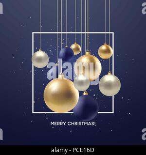 Weihnachten Grusskarten, Design von Xmas schwarz, silvr, gold Christbaumkugel mit goldenen glitter Konfetti. Vector Illustration Stock Vektor