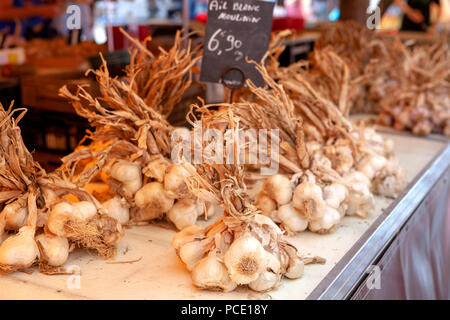 Blumensträuße frische weiße Knoblauch Zwiebeln und Knoblauchzehen zum Verkauf auf dem französischen Markt Stockfoto