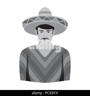Mexikanische Mann in Sombrero und Poncho Symbol in Schwarzweiß-Stil auf weißem Hintergrund. Mexiko Land symbol Vektor Illustration. Stock Vektor