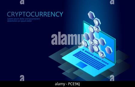 Isometrische internet cryptocurrency Münze Geschäftskonzept. Blau leuchtende isometrische Bitcoin Astraleums Welligkeit Münze Finanzen Bergbau pc Notebook Technik der Zukunft. 3D-infografik Vector Illustration Stock Vektor