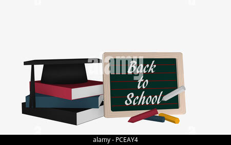 Schiefer mit dem Text wieder in die Schule und ein Stapel Bücher auf dem ein highshool hat liegt. 3D-Rendering Stockfoto
