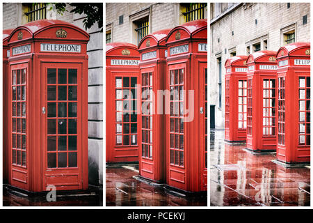 Retro styled Triptychon Collage der Britischen roten Telefonzellen in einer Reihe, in Covent Garden nach dem Regen. Stockfoto