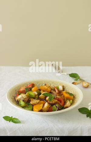 Salat von Tomaten und Brot panzanella in einer runden Platte auf einem hellen Hintergrund. Im rustikalen Stil. Stockfoto